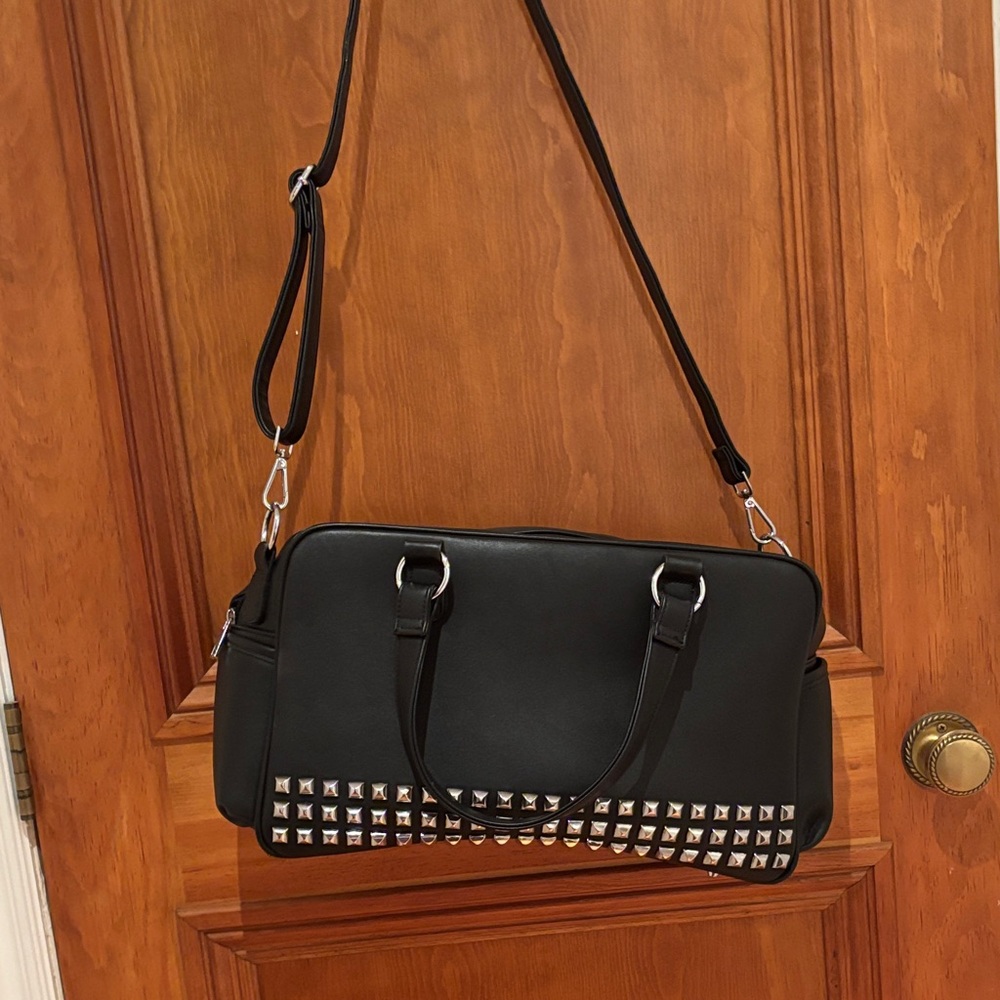 Elegant Black Crossbody Diaper Bag with Silver Accents